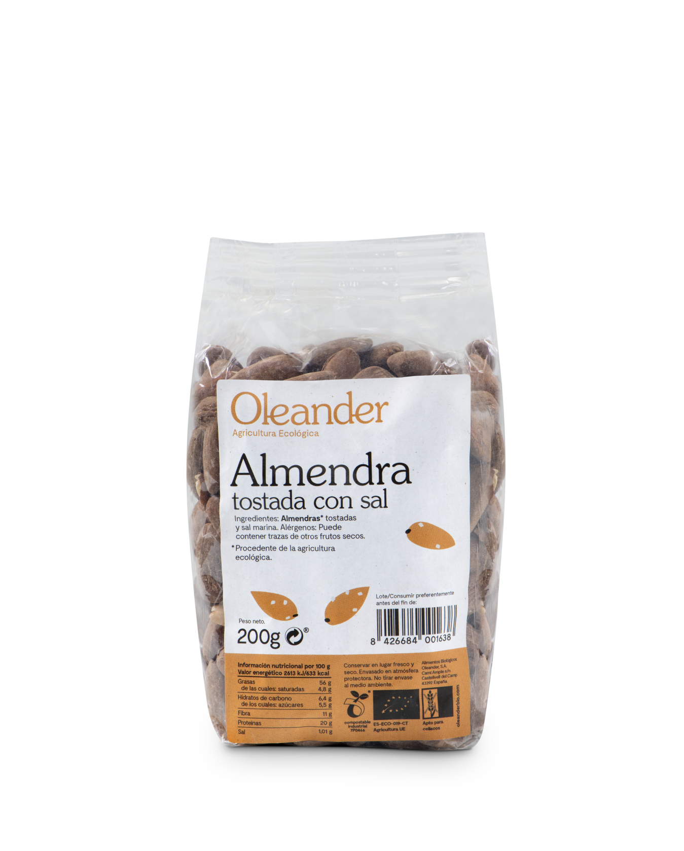 Almendra tostada salada con piel s/g BIO 200 g, Oleander