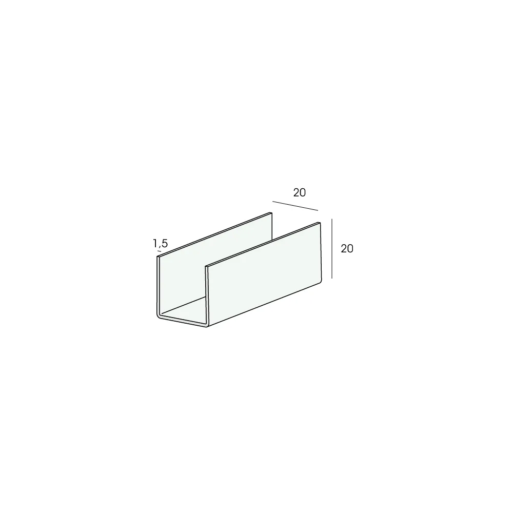 Tekening U-profiel inwendig 20mm