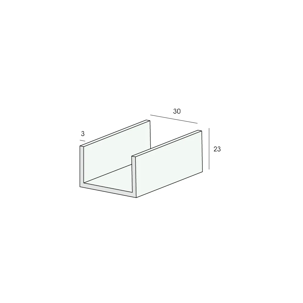 Tekening U-profiel inwendig 30mm (wanddikte 3mm)