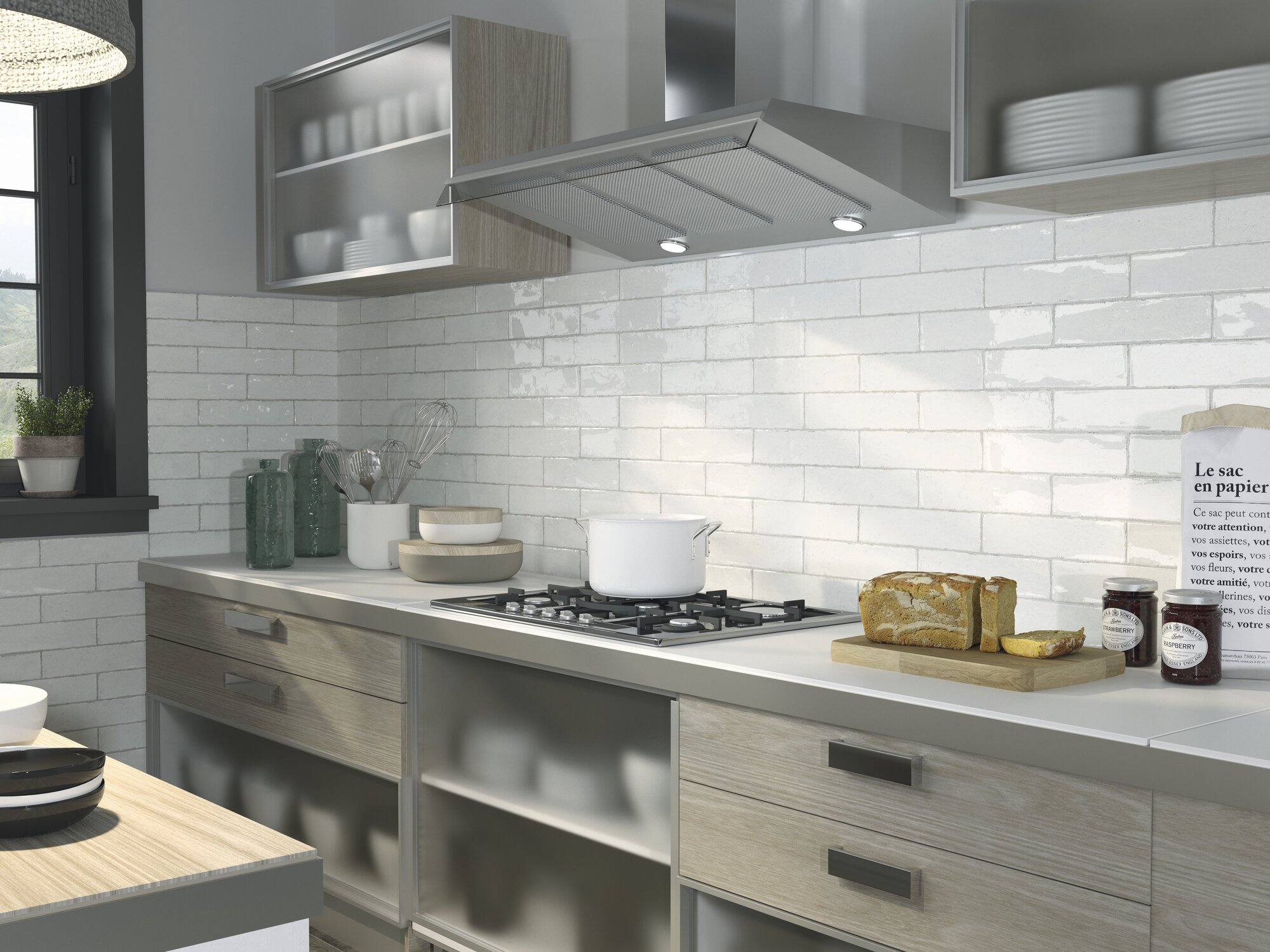 White glazed artisan tile backsplash in a kitchen with pale wood cabinets, Altea collection by APE Grupo