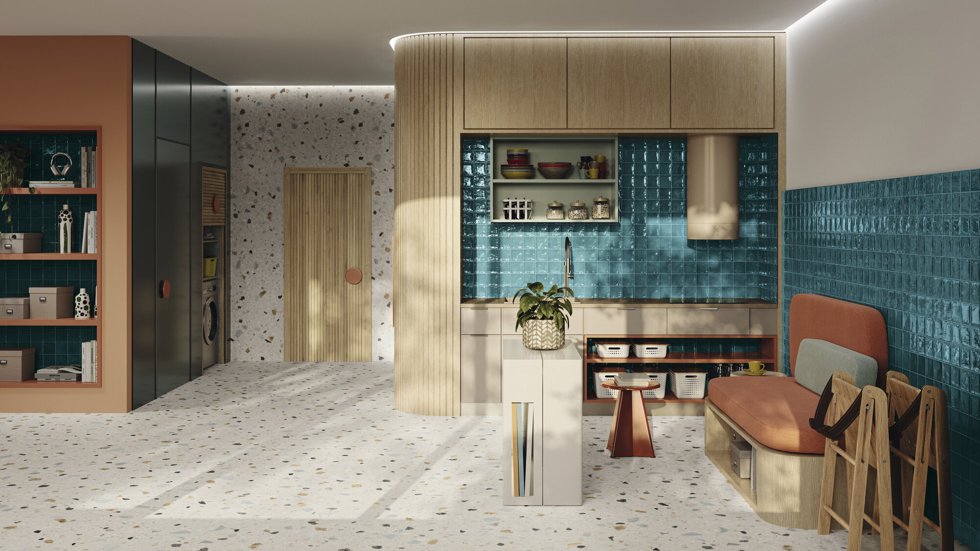 Cuisine moderne ouverte avec crédence en carrelage bleu canard brillant et sol terrazzo, ambiance The New Habitat d'APE Grupo