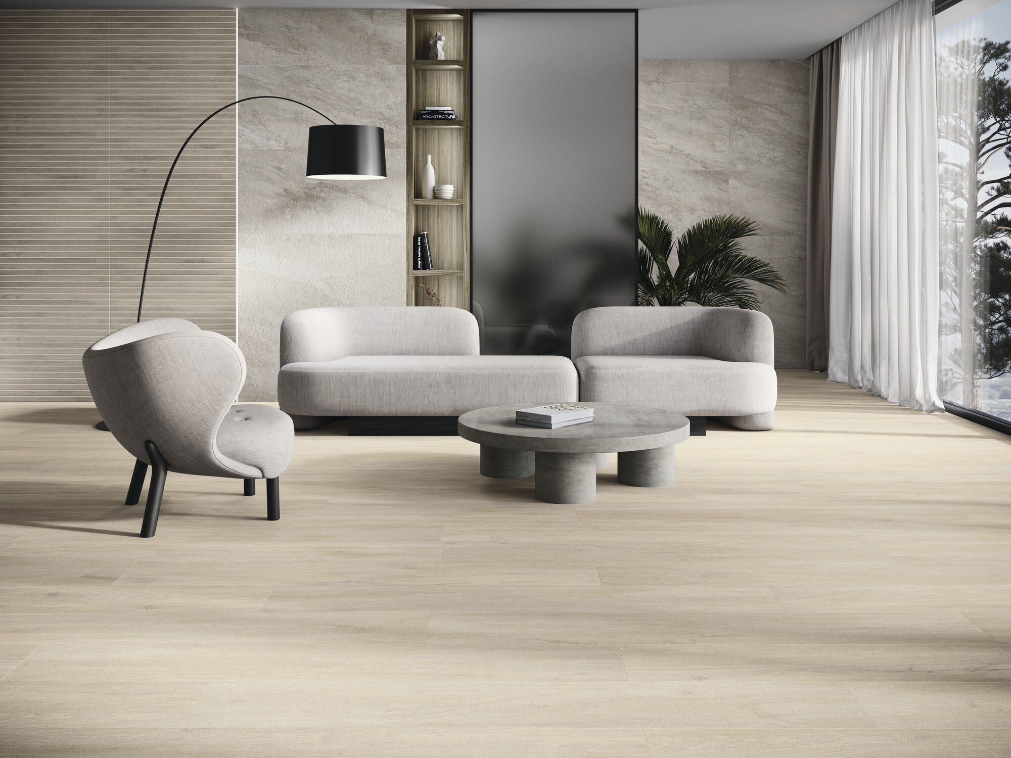 Bamboo Vermont Earth 30x90 cm. Astra Pearl 60x120 cm. Pavimento Vermont Maple 26x160 cm.
