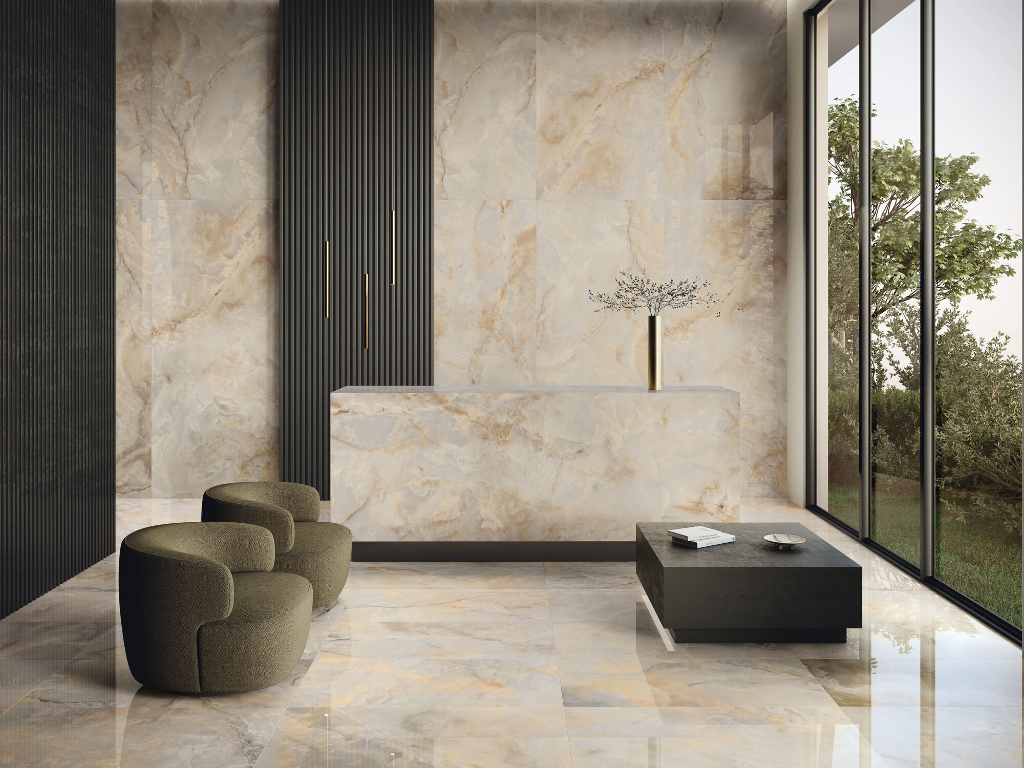 Revestimiento Royale Ambar 120x280 Pulido cm. Royale Ambar 60x120 Pulido cm.