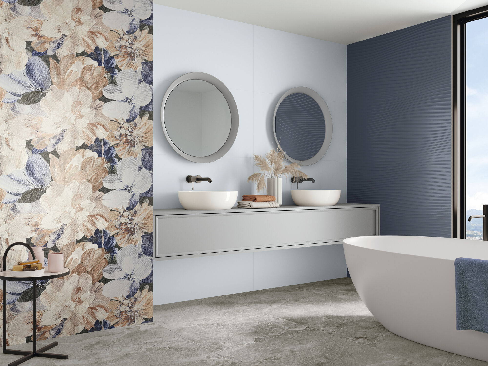 Montmartre Blue Relieve Ilusion 60x120 cm. Montmartre Ciel 60 x 120 cm. Buisson Montmartre 60x120 cm. Pavimento Dome Ash 80X80 cm.