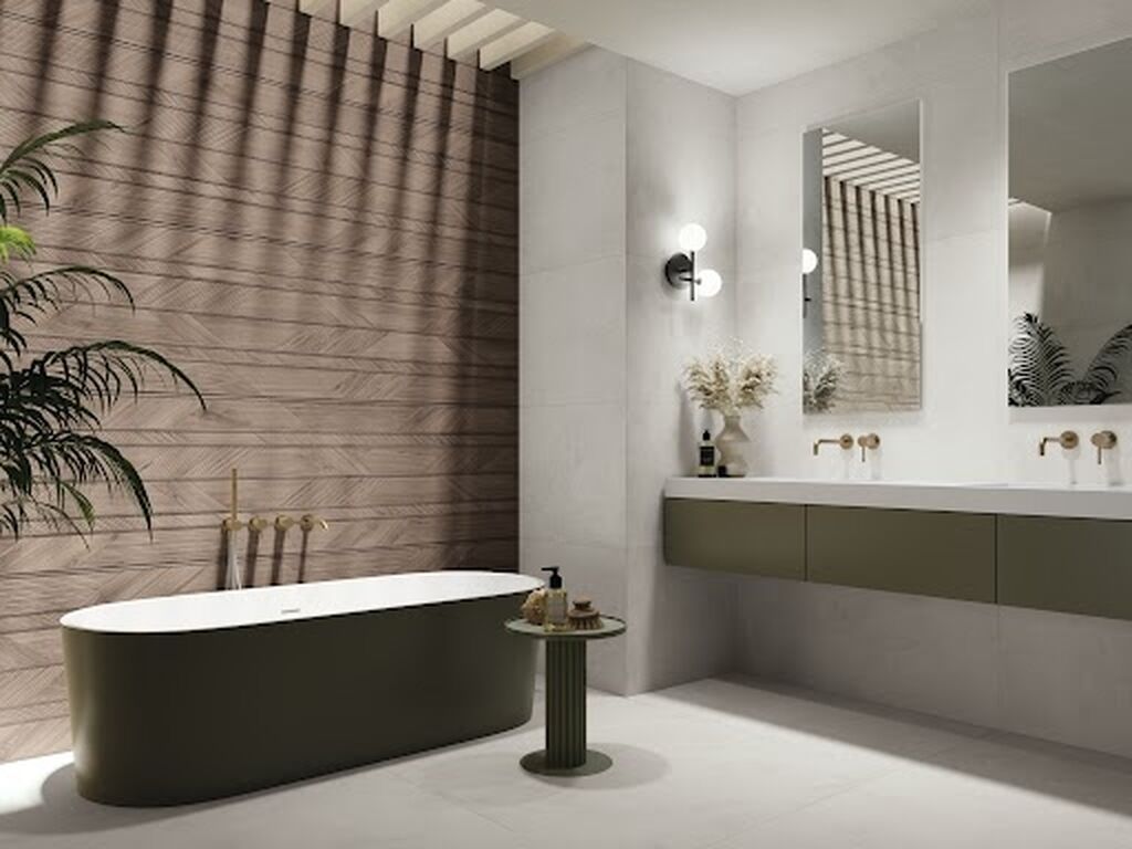 Bush Sequoya Walnut 60x120 cm. Pavimento Village Soft Cendre 120x120 cm.