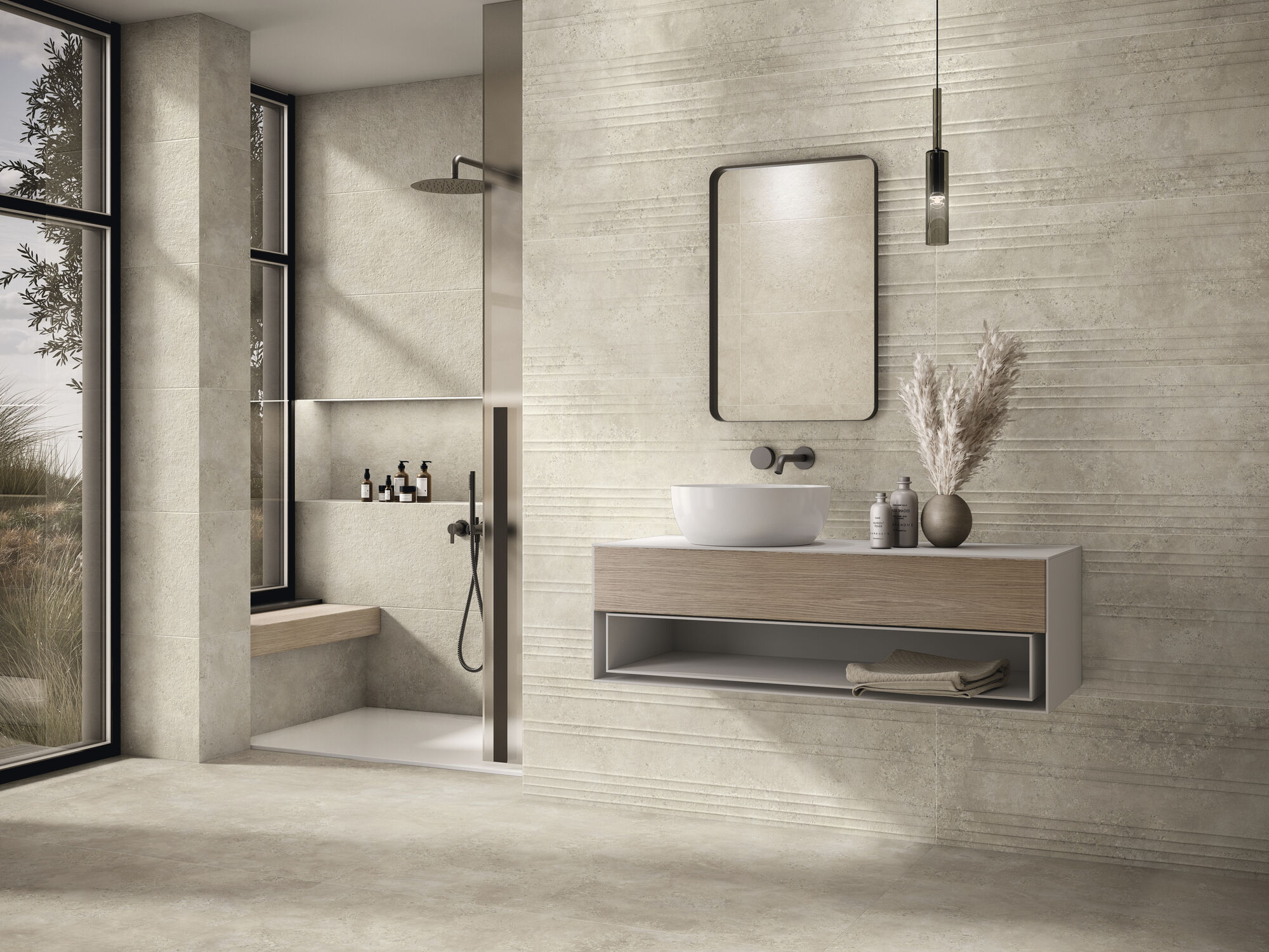 Revestimiento Capital Beige 40 x 120 cm y Sink Capital Beige 40 x 120 cm. Pavimento Capital Beige 120 x 120 cm.