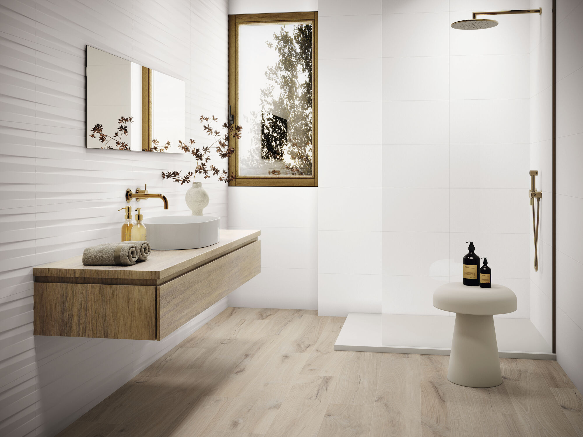 Revestimiento Polar Matt 30x90cm. Pavimento Plank Oak 20x120 cm.