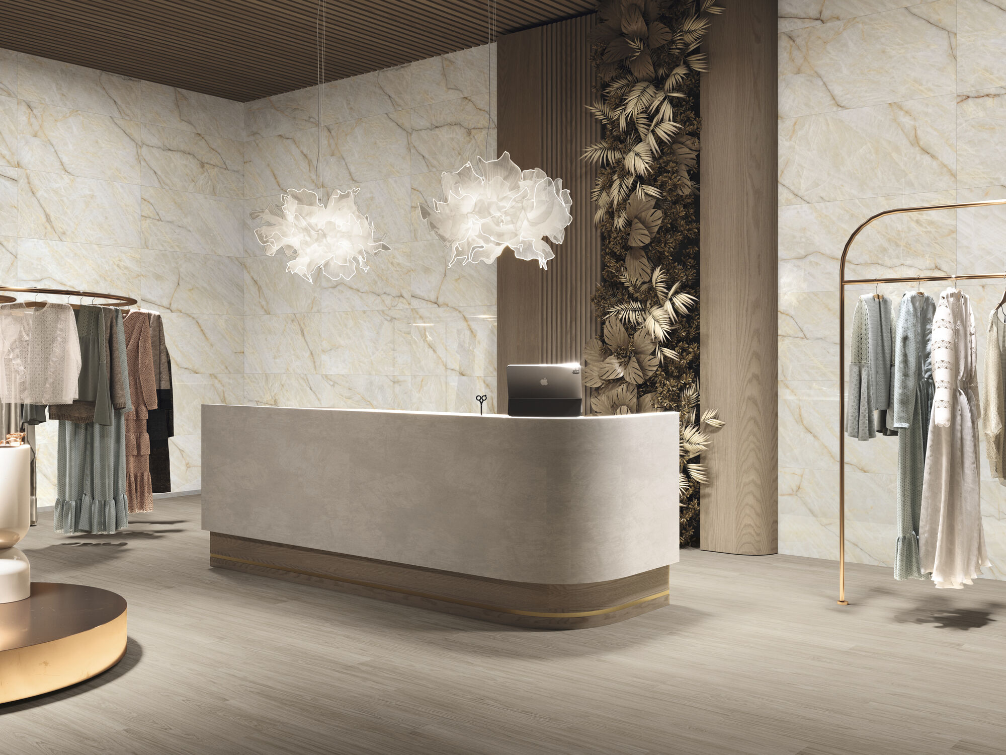 Revestimiento Diamonds Amber Champagne Glitter 60 x 120 cm. Pavimento Ferriere Faggio 20 x 120 cm.