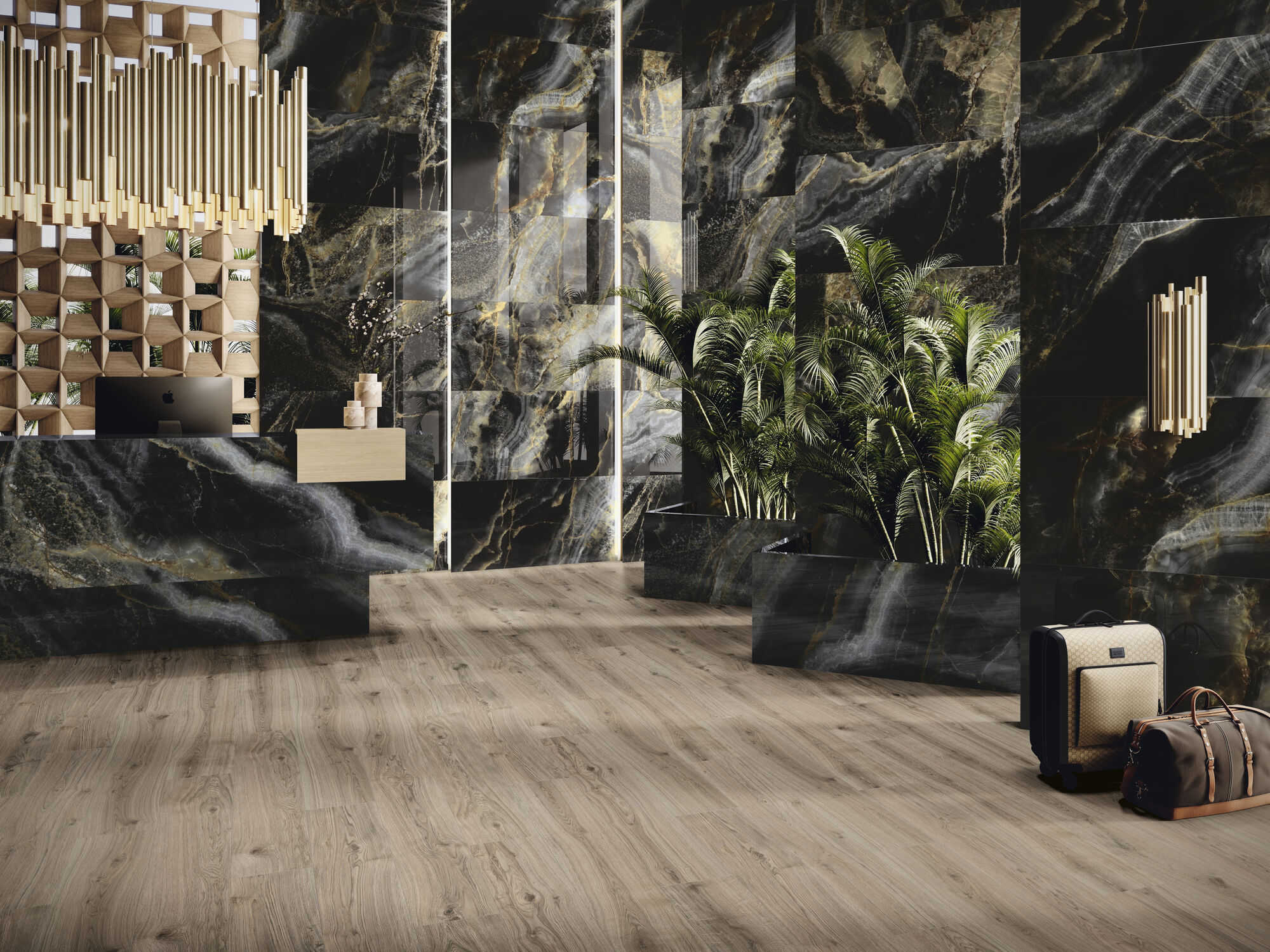 Revestimiento Diamonds Golden Eye Glitter 60 x 120 cm. Pavimento Sequoya Oak 20x120 cm.