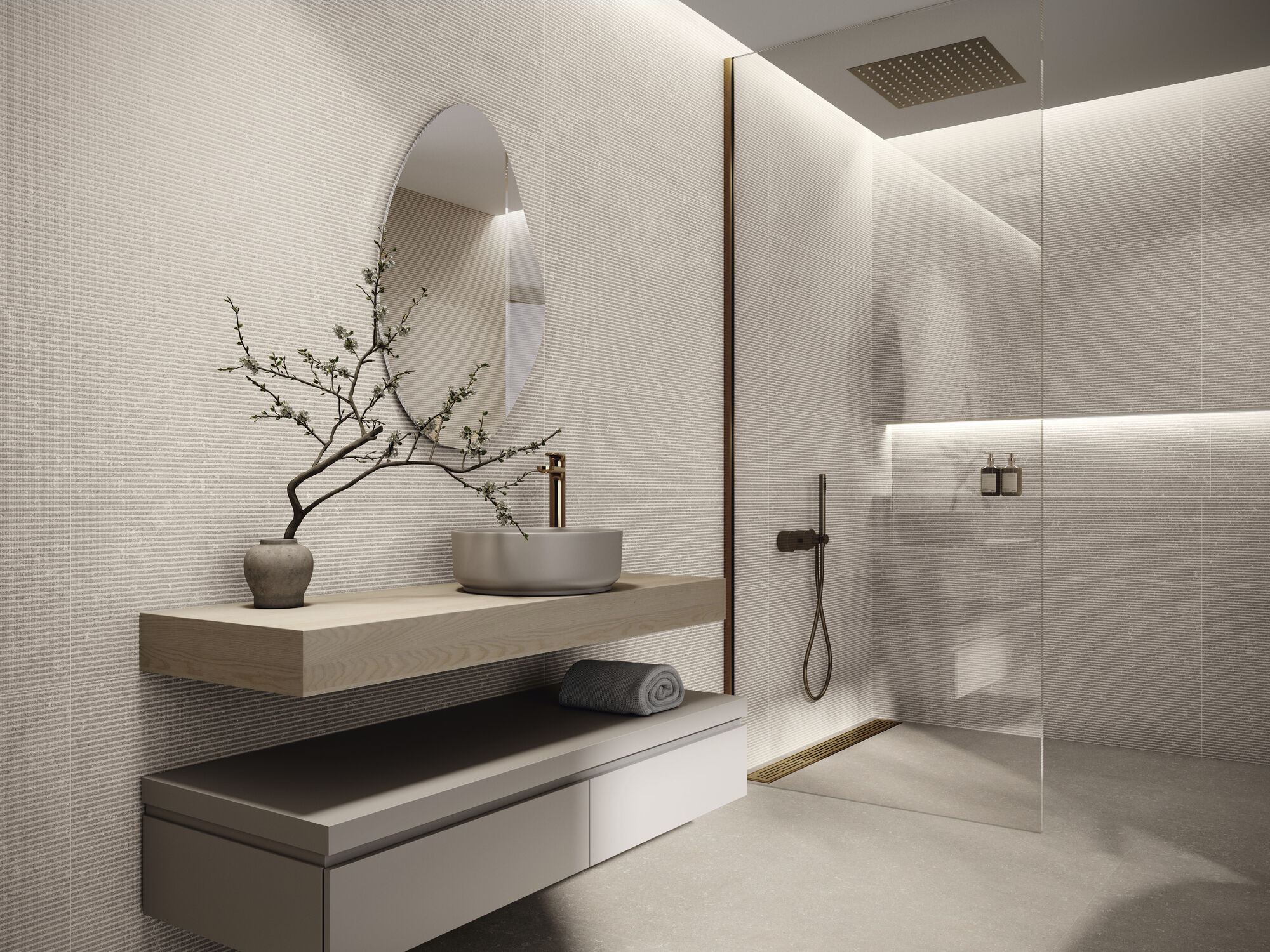 Revestimiento Notting Nut 60x120 cm. Pavimento Brera Nut 120x120 cm.