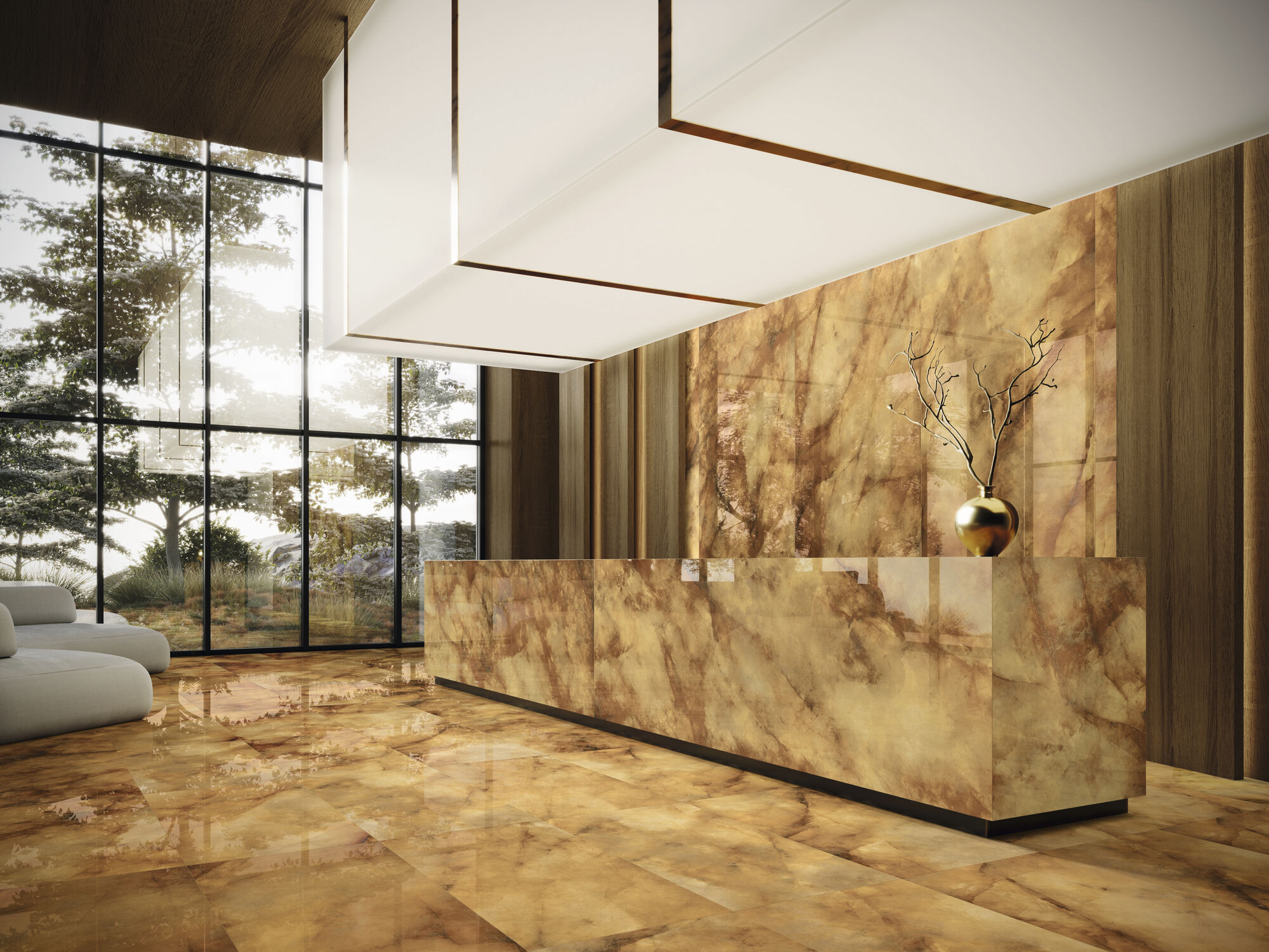 Revestimiento Sunset Pulido 120x280 cm. Pavimento Sunset Pulido 60x120 cm.