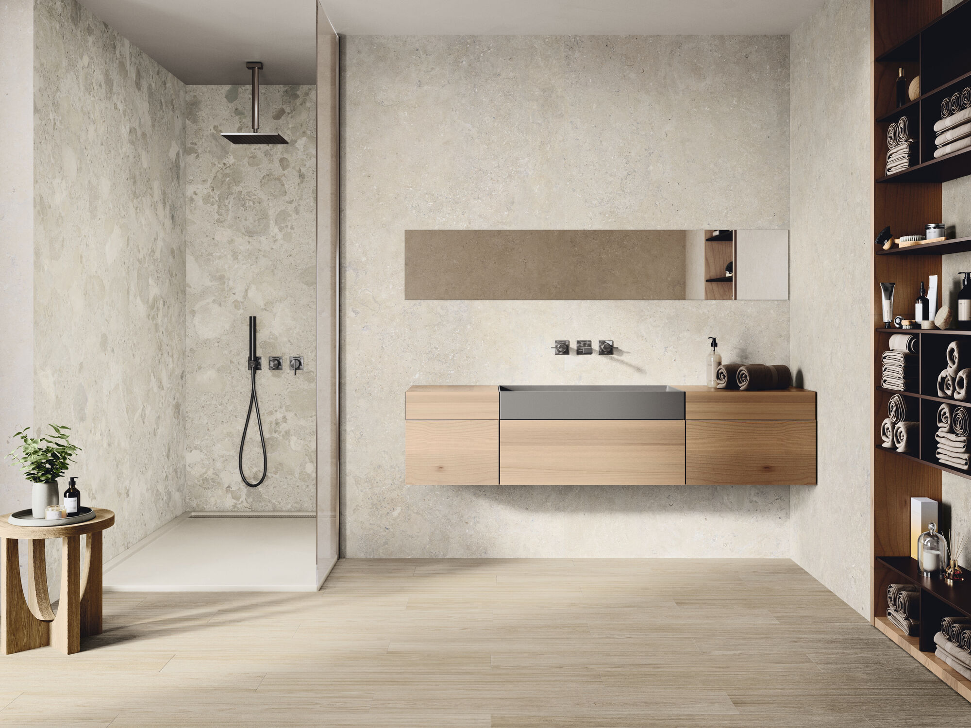 Salerno Avorio Natural 280 x 120 cm. Positano Avorio Natural 280 x 120 cm. Pavimento Ferreire Faggio 20 x 120 cm.