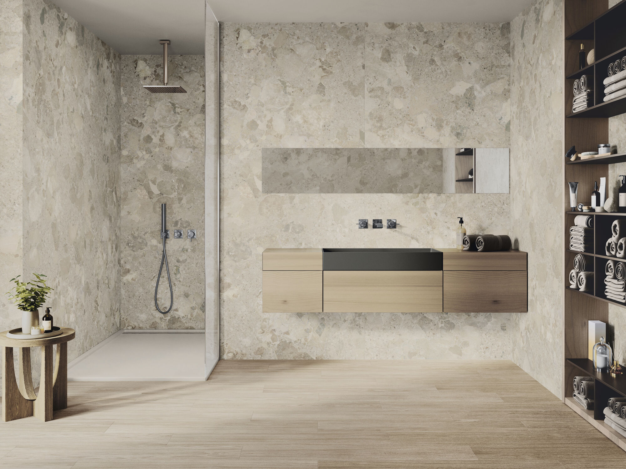 Positano Avorio 120 cm x 280 cm. Ferriere Faggio 20x120.