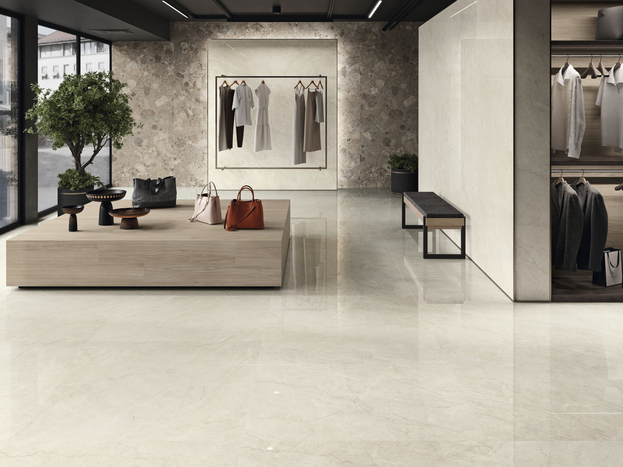 Sorrento Sabbia Pulido 280 x 120 cm. Ferreire Quercia 20 x 120 cm. Positano Bronzo Natural 280 x 120 cm. Pavimento Sorrento Sabbia Pulido 120 x 120 cm.