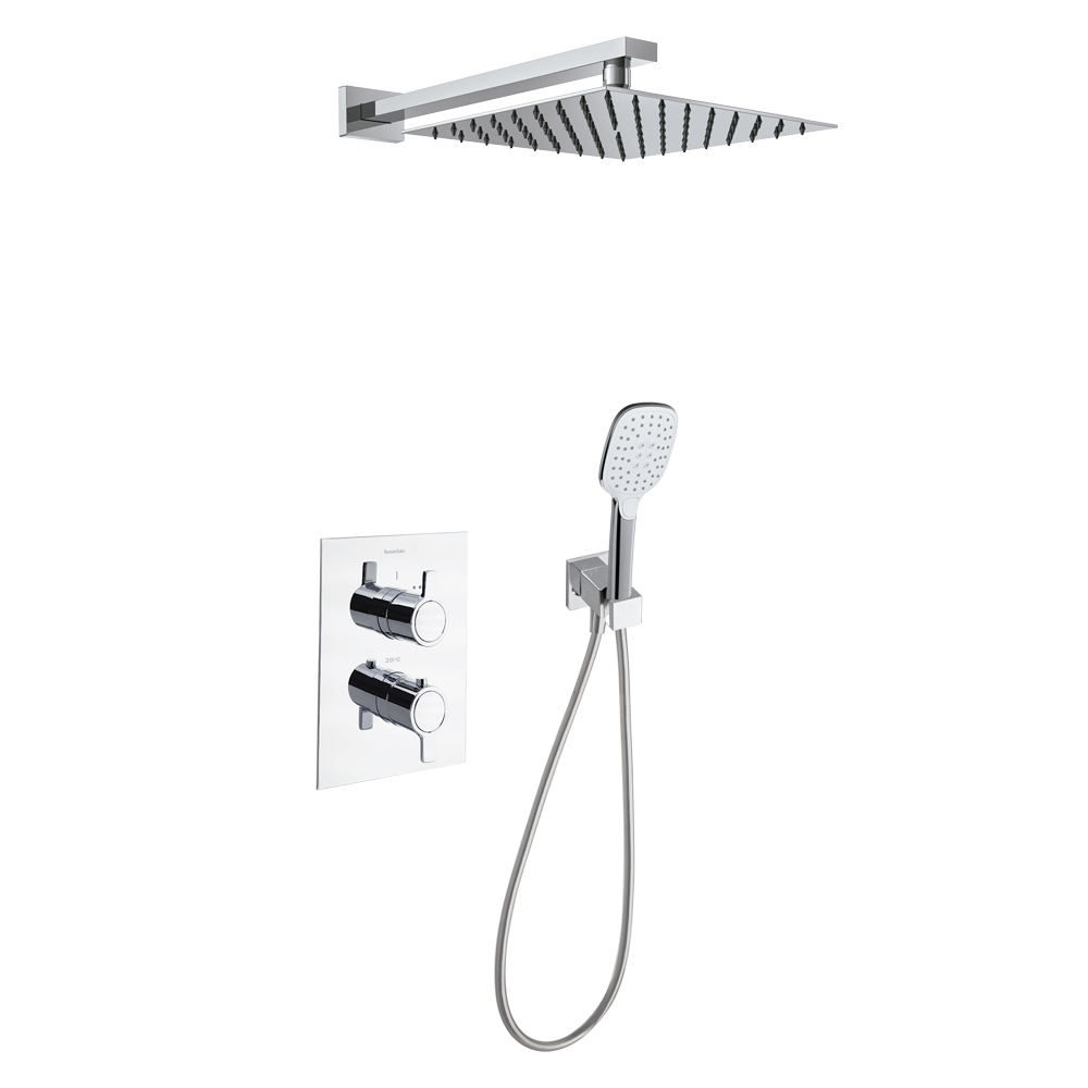 Thermostatic single lever 2 way concealed with support plus water intake, hand shower and ABS shower head 300mm, chrome