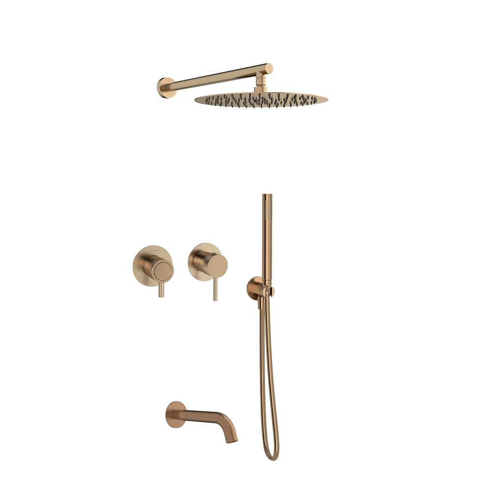 Odisea, conjunto monomando empotrado horizontal 3 vías con teleducha y rociador de Ø300mm, cobre cepillado