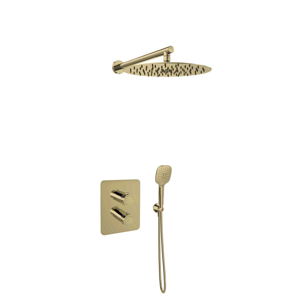 Mamma Mia, conjunto termostático de ducha empotrado 2 vías con rociador, oro cepillado