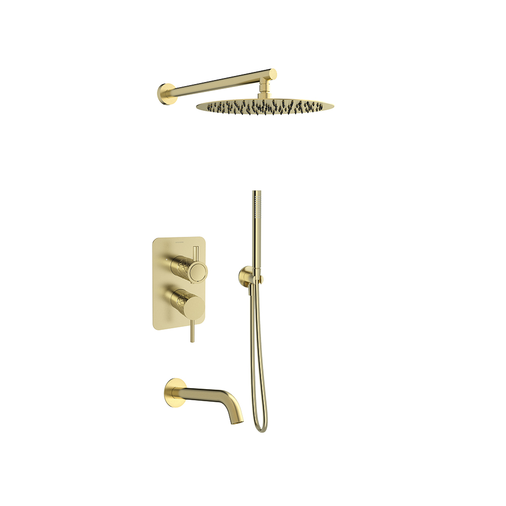 Odisea Joya, conjunto monomando empotrado 3 vías con teleducha y rociador de Ø300mm, oro cepillado