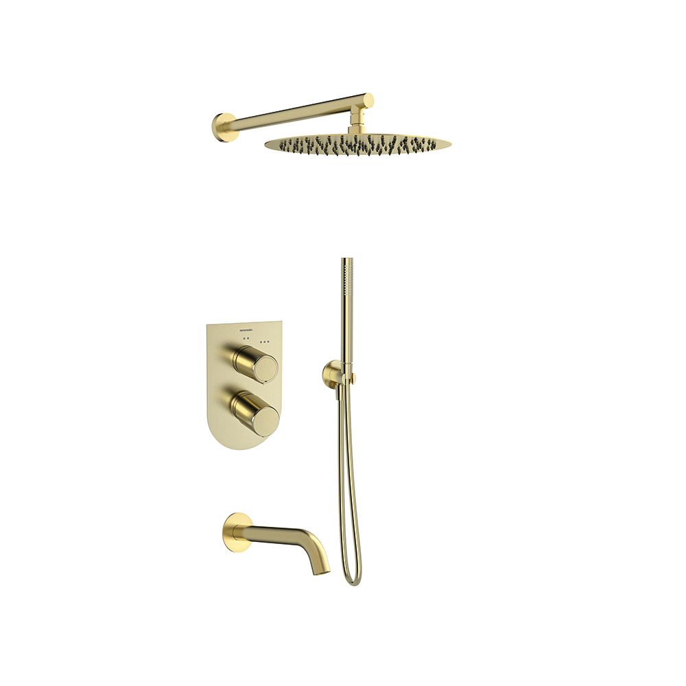 Tzar, conjunto monomando empotrado 3 vías con teleducha y rociador de Ø300mm, oro cepillado