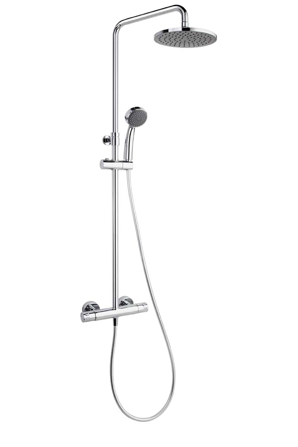 Colonne thermostatique douche. Poignées laiton. Tube fixe. Douche ABS anticalcaire Ø200 mm. Douchette 1 jet. Flexible argenté anti-torsion, 1,75m