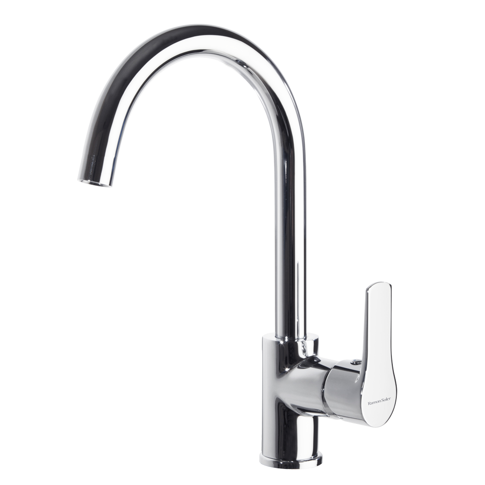 Titanium, single-lever kitchen faucet with swan-neck rotating spout, chrome finish