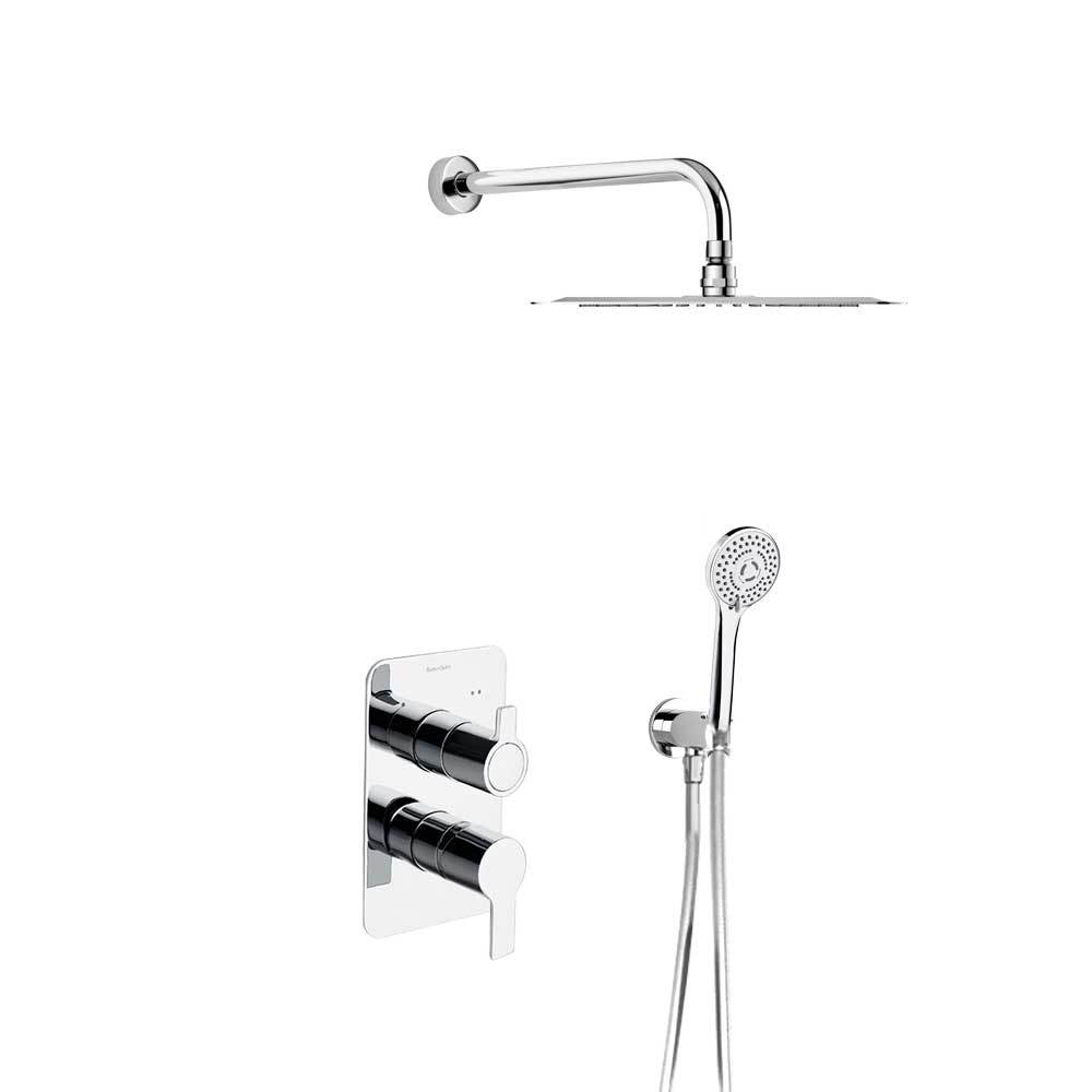 Blautherm, conjunto monomando metálico empotrado 2 vías con soporte, toma de agua, teleducha y rociador metálico redondo Ø250mm, cromo