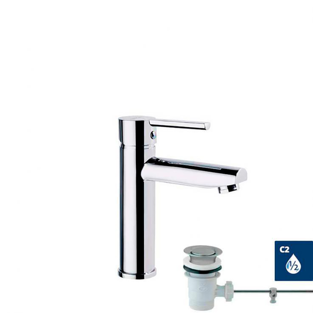 Drako, mitigeur de lavabo avec cartouche 35 mm, système S2 pour économie d'eau et vidage automatique en laiton, finition chromée.