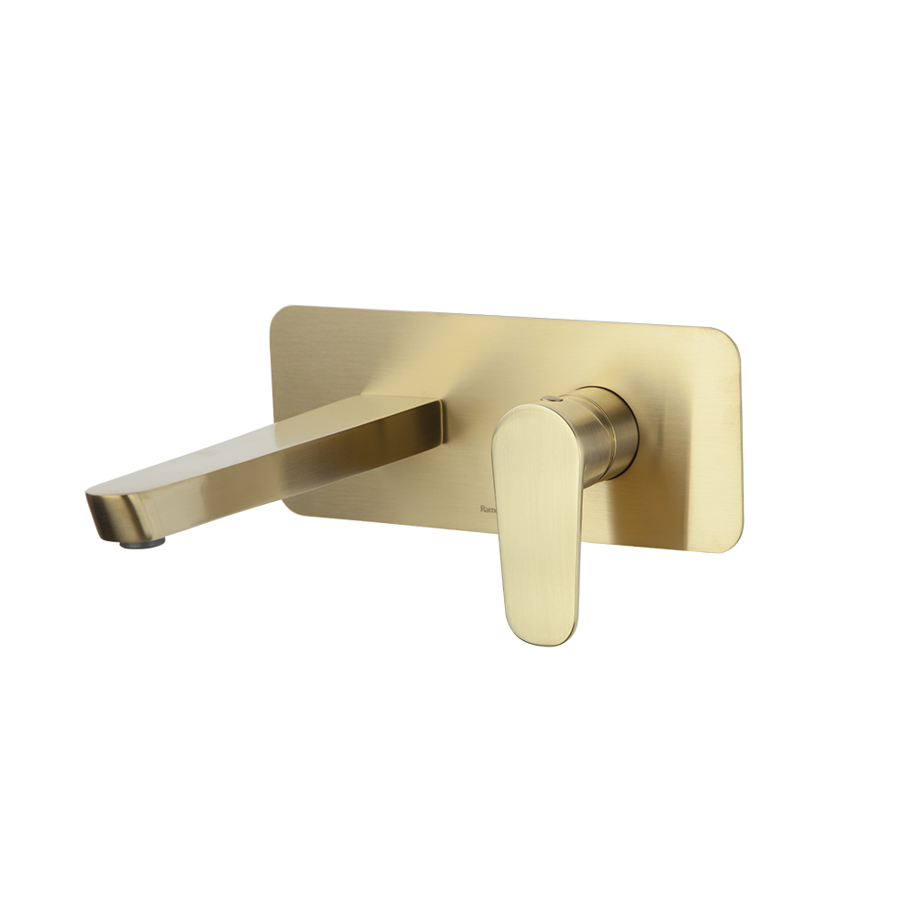 Alexia brushed gold, wall washbasin mixer with ultraslim metalic plate