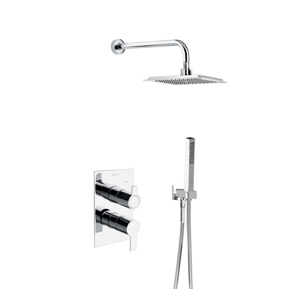 Blautherm, conjunto monomando metálico empotrado 2 vías con soporte, toma de agua, teleducha y rociador cuadrado 225mm, cromo