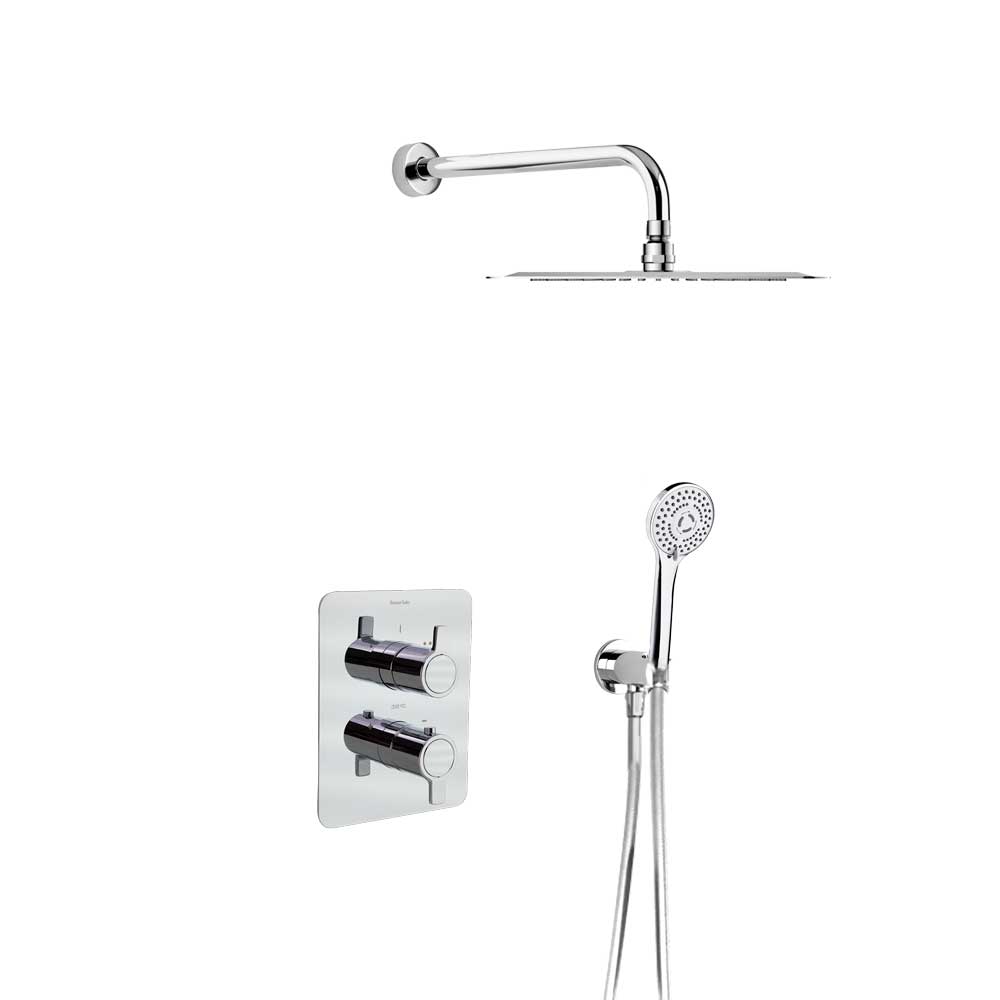 Blautherm, conjunto termostático empotrado metálico 2 vías con soporte, toma de agua, teleducha y rociador metálico redondo Ø250mm, cromo