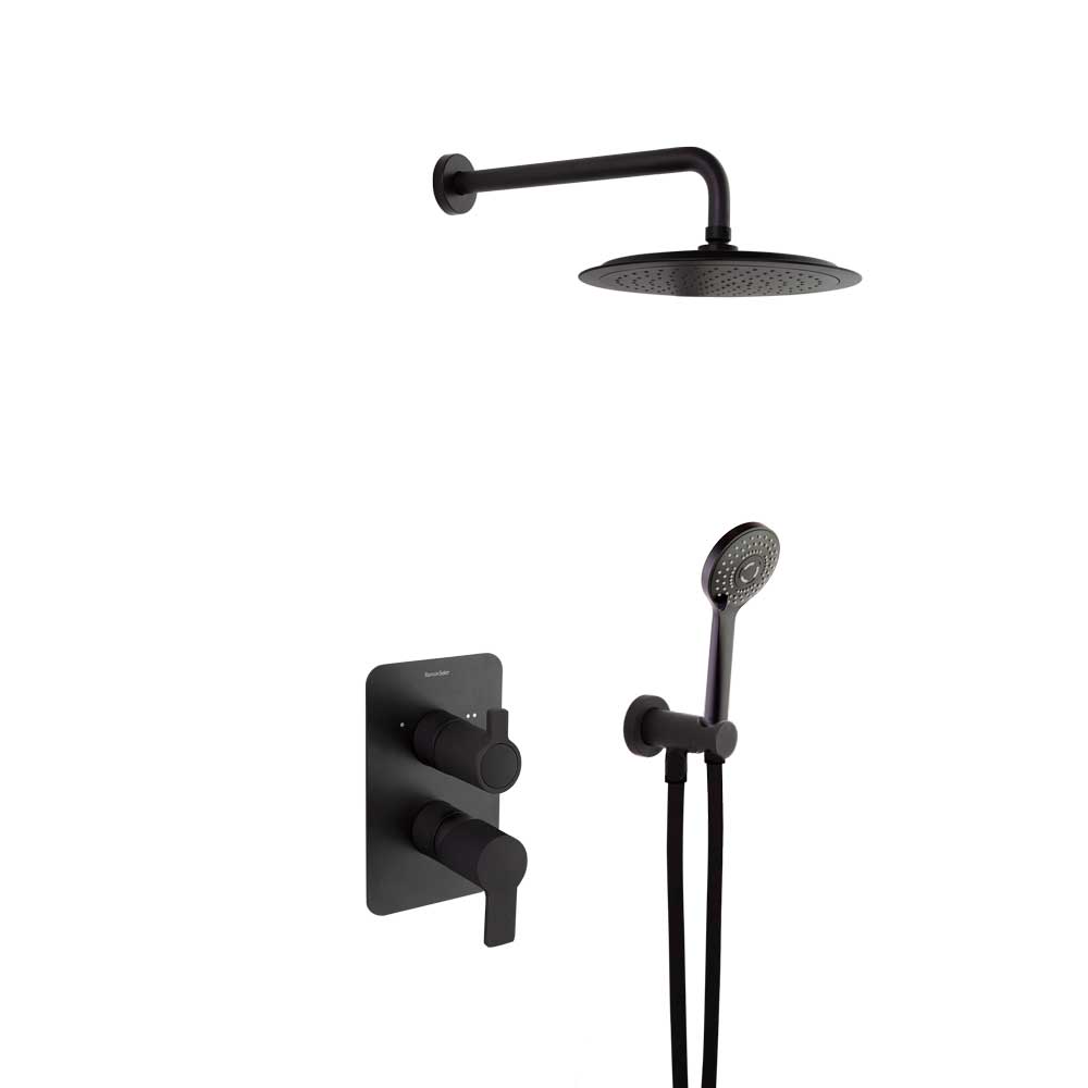 Blautherm, Breeam, conjunto monomando metálico empotrado 2 vías con soporte, toma de agua, teleducha y rociador redondo Ø240 mm, 8L, negro mate