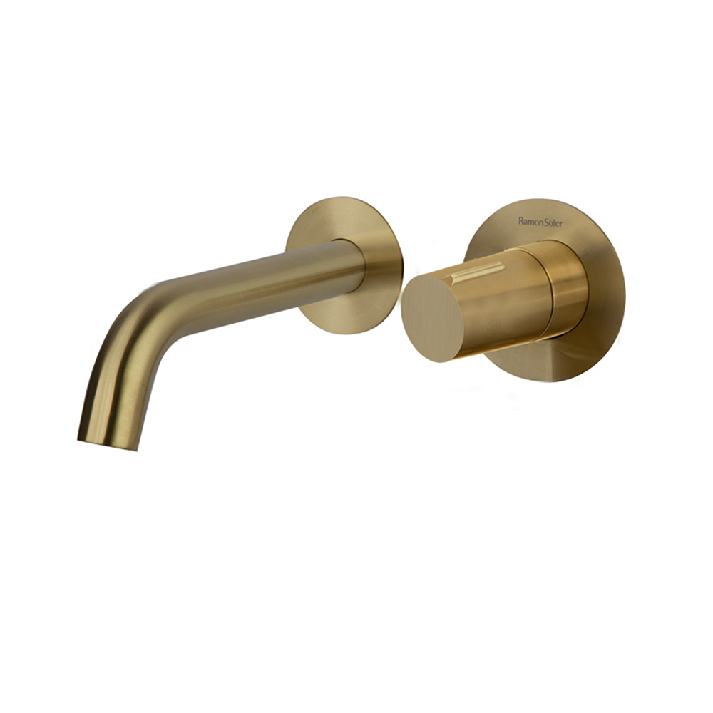 Tzar, wall-mounted single-lever basin faucet, brushed gold finish.