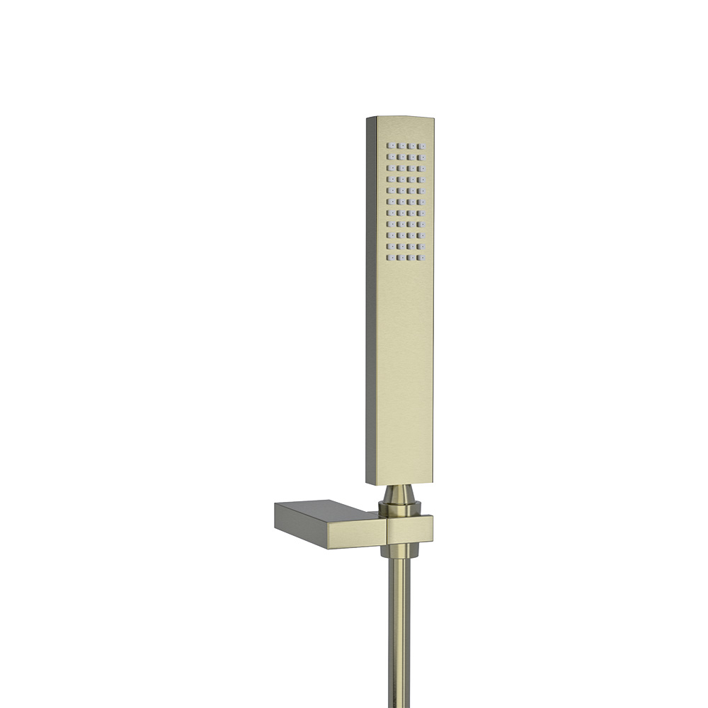 Minimalist rectangular brushed nickel metal hand shower set, hose and holder