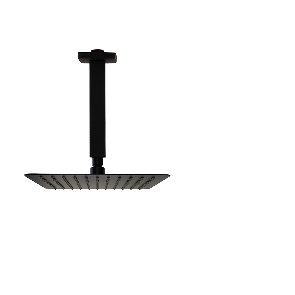 Rociador de ducha negro mate de metal extraplano, cuadrado de 250mm a techo.