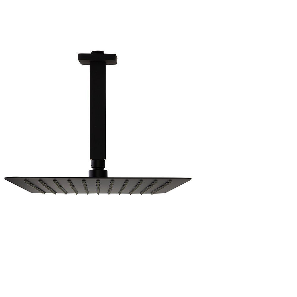 Rociador de ducha negro mate de metal extraplano, cuadrado de 300mm a techo.