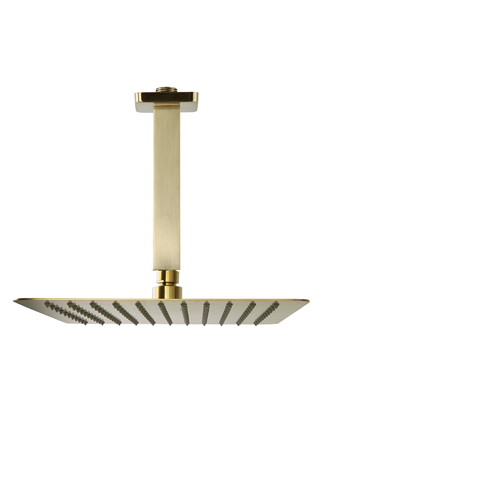 Rociador de ducha oro cepillado de metal extraplano, cuadrado de 300mm a techo.