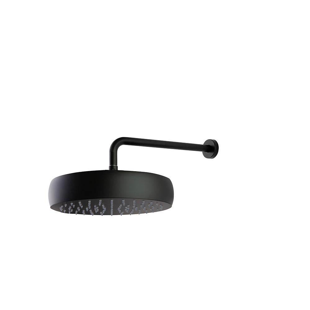 Rociador de pared negro mate redondo volumetrico de metal de Ø312mm, con brazo a pared,