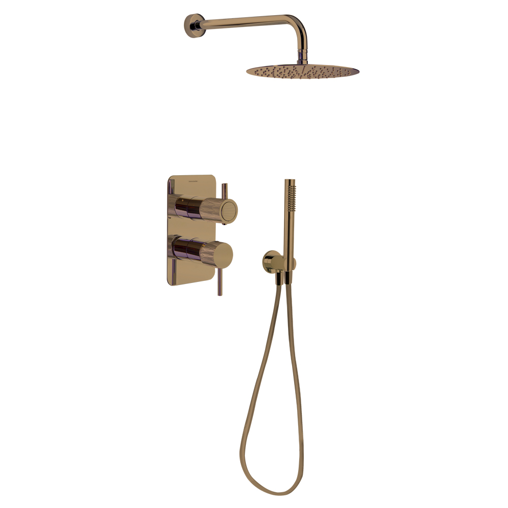 Odisea Joya, Unterputz-Einhebelmischer-Set 2 Wege, Metall-Zierblende, mit Metall-Regenbrause Ø250mm antikalk und Metall-Wandarm, kupfer gebürstet