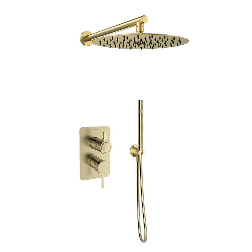 Odisea Joya, Einhebel-Wandmontagearmatur 2 Wege mit metallischem Duschkopf Ø300 mm, gebürstetes Gold