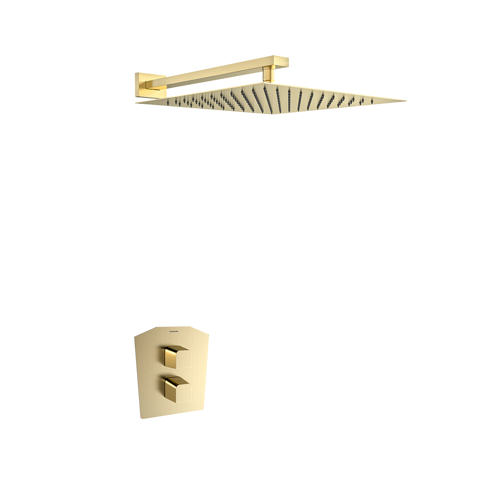 Prisma, ensemble thermostatique de douche encastré 1 voie avec douchette métallique de 300 mm, fini en or brossé.