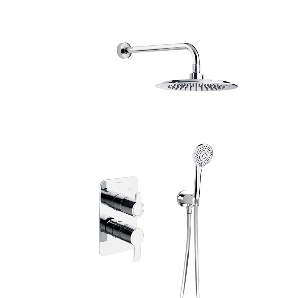 Blautherm, Breeam, conjunto monomando metálico empotrado 2 vías con soporte, toma de agua, teleducha y rociador redondo Ø240 mm, 8L, cromo