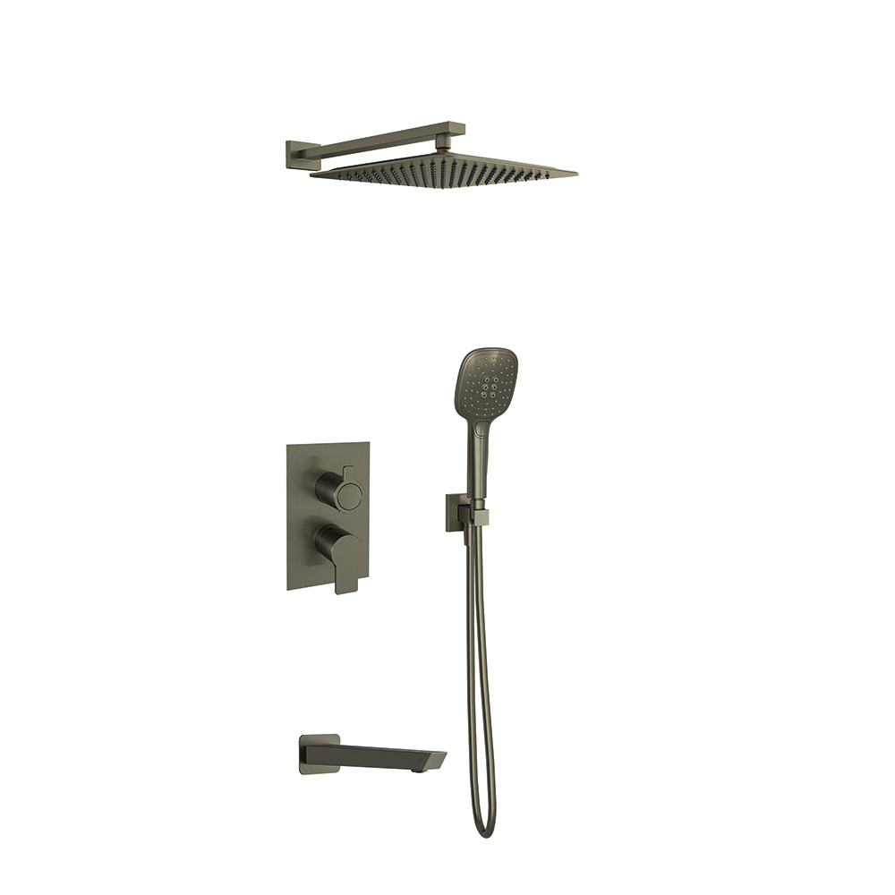 Sinlge lever 3 way concealed with support plus water intake, hand shower, round bathtub spout and ABS shower head 300mm, graphite