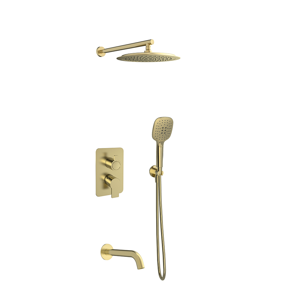Sinlge lever 3 way concealed with support plus water intake, hand shower,  round bathtub spout and ABS shower head Ø300mm, brushed gold