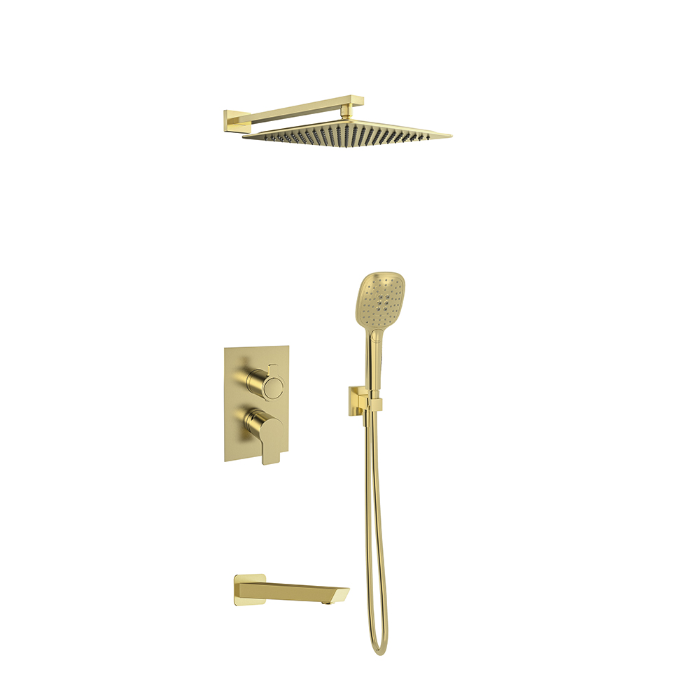 Sinlge lever 3 way concealed with support plus water intake, hand shower,  round bathtub spout and ABS shower head 300mm, brushed gold