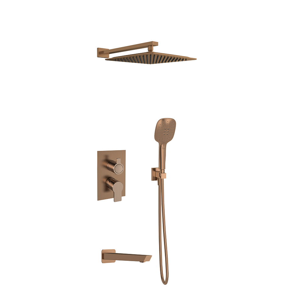 Sinlge lever 3 way concealed with support plus water intake, hand shower,  round bathtub spout and ABS shower head 300mm, brushed copper