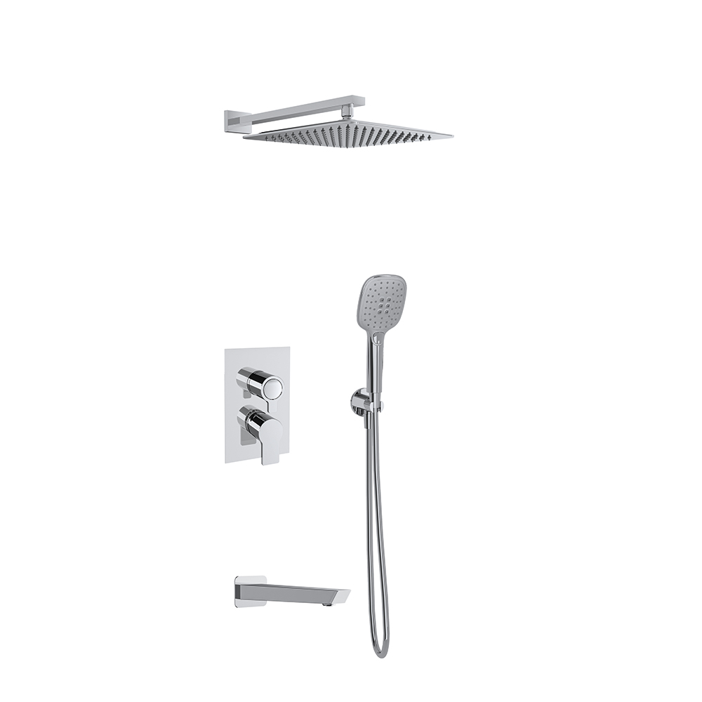 Thermostatic single lever 3 way concealed with support plus water intake, round bathtub spout, hand shower and ABS square shower head 300mm, chrome