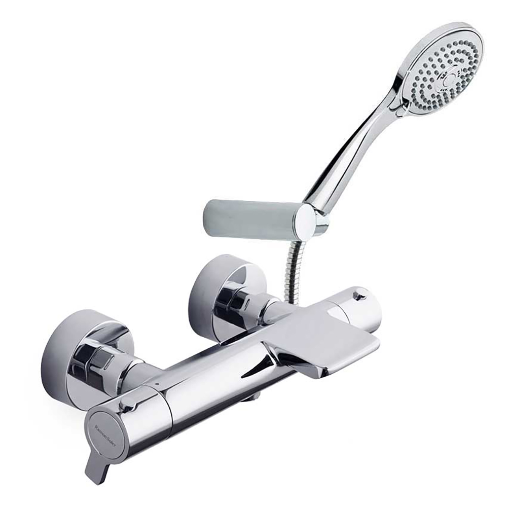 Mitigeur thermostatique bain-Douche. Bec cascade. Poignées laiton. Blocage T 38C. Avec ensemble