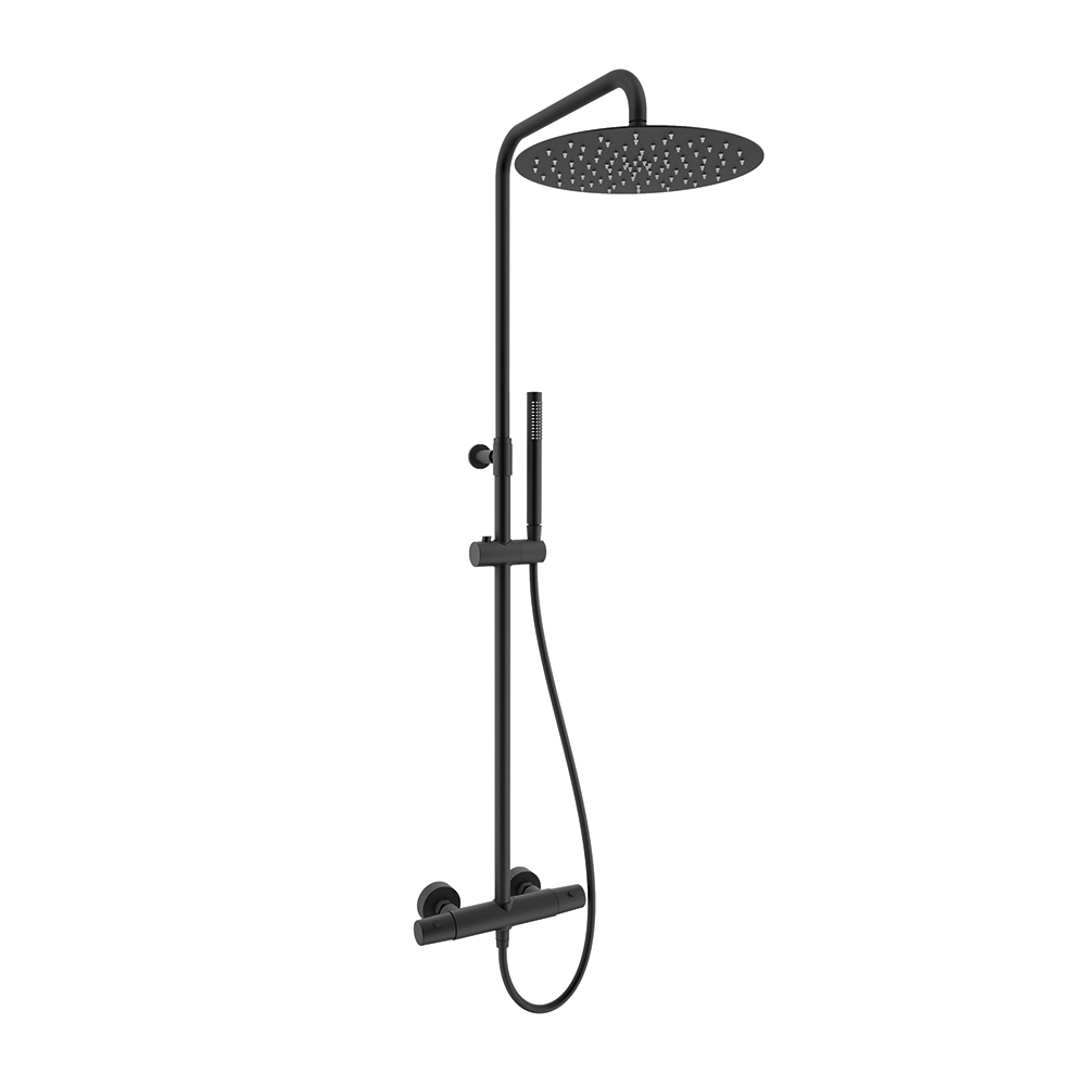 Tzar, telescopic thermostatic column with Ø300 mm metal showerhead, matte black finish.