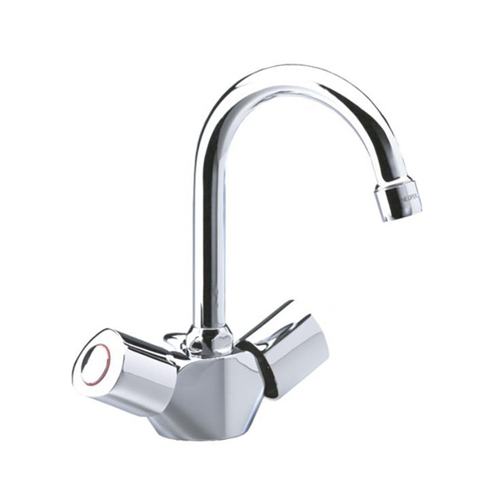 Eco, Zweigriff-Wasserhahn für Waschbecken mit drehbarem Rohr-Auslauf und automatischem Messingventil 1¼, Chrom