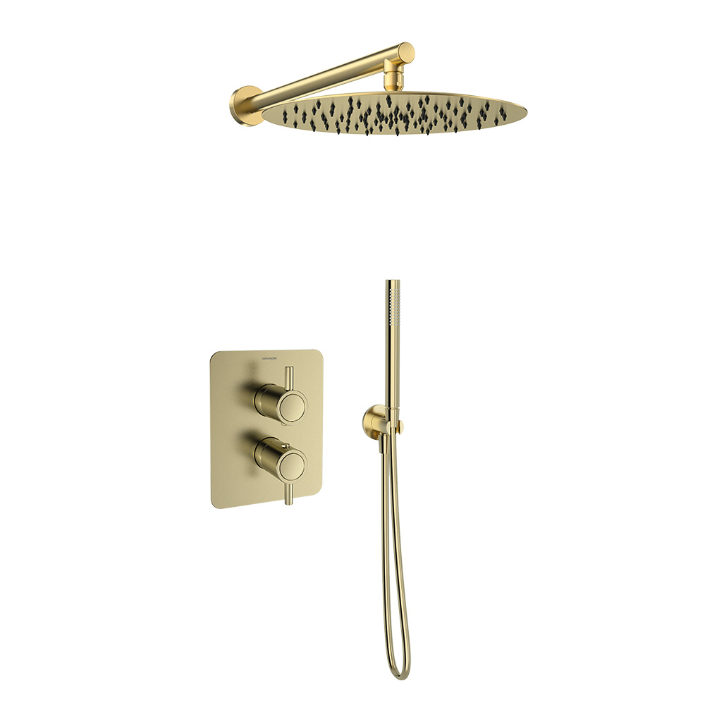 Odisea, conjunto termostático de ducha empotrado 2 vías con rociador metálico 300mm, oro cepillado